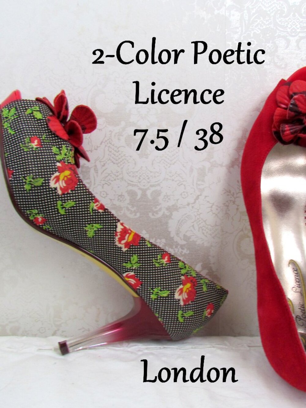 POETIC LICENCE 2-COLOR SHOES, 7.5, 38, RED HALF & FLOWERED HALF w SEE-THRU HEELS